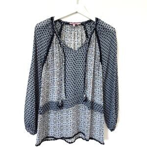 Calypso St. Barth Blue Floral Sheer Boho Silk Tunic Blouse-Tasseled Small